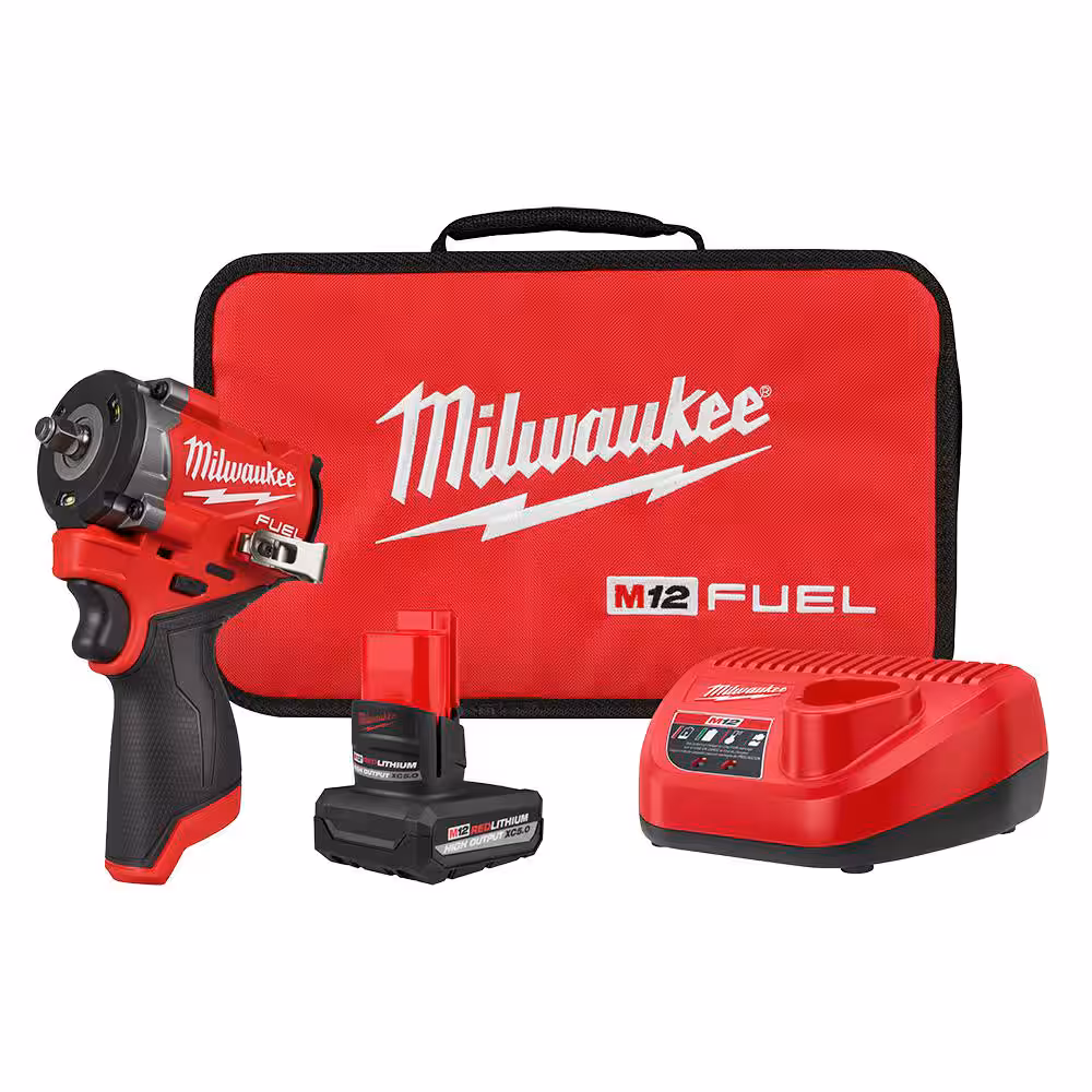 Milwaukee M12 FUEL 12V Lithium-Ion Brushless Cordless Stubby 3/8 in. Impact Wrench with M12 XC High Output 5.0 Ah Battery Pack