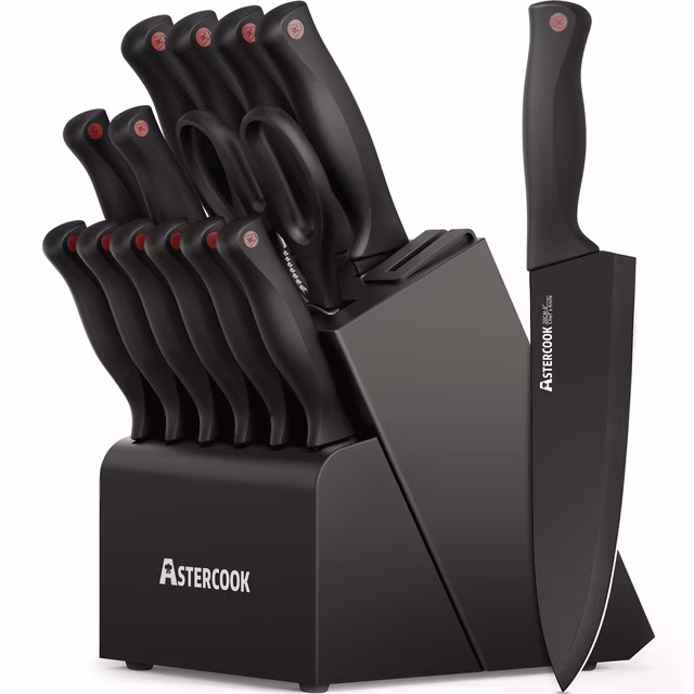 Astercook 15-Piece Kitchen Knife Set, Knives Block Set with Built-in Sharpener, Healthy Anti-Rust Coating & German Stainless Steel Knife Set, Dishwasher Safe Black