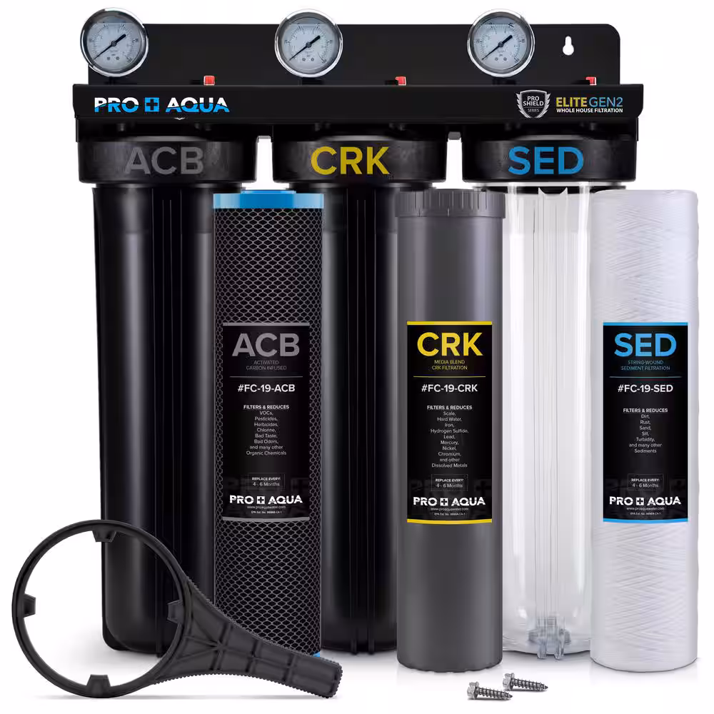 PRO+AQUA Pro Aqua ELITE Whole House Water Filter 3 Stage Well Water Filtration System with Gauges, PR Button, 1 Ports, Filter Set