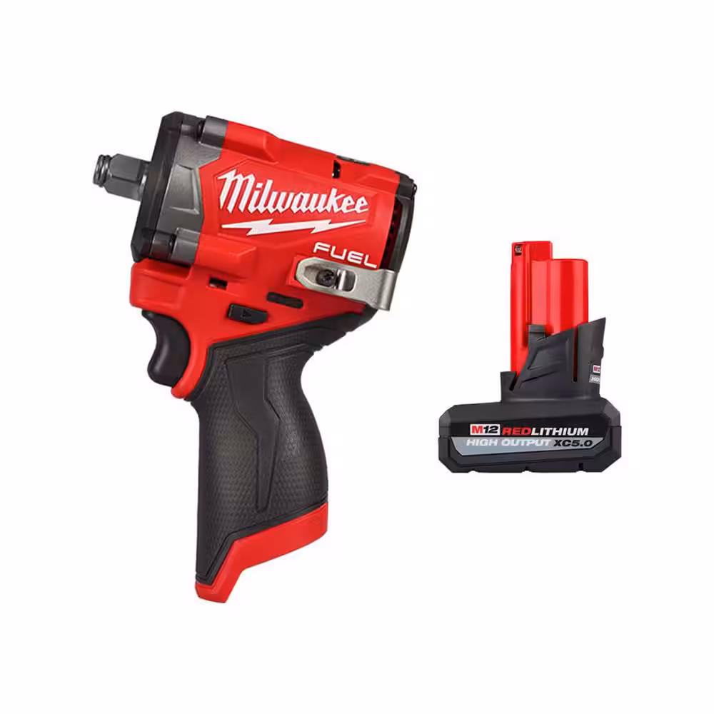 Milwaukee M12 FUEL 12V Lithium-Ion Brushless Cordless Stubby 1/2 in. Impact Wrench with M12 XC High Output 5.0 Ah Battery Pack