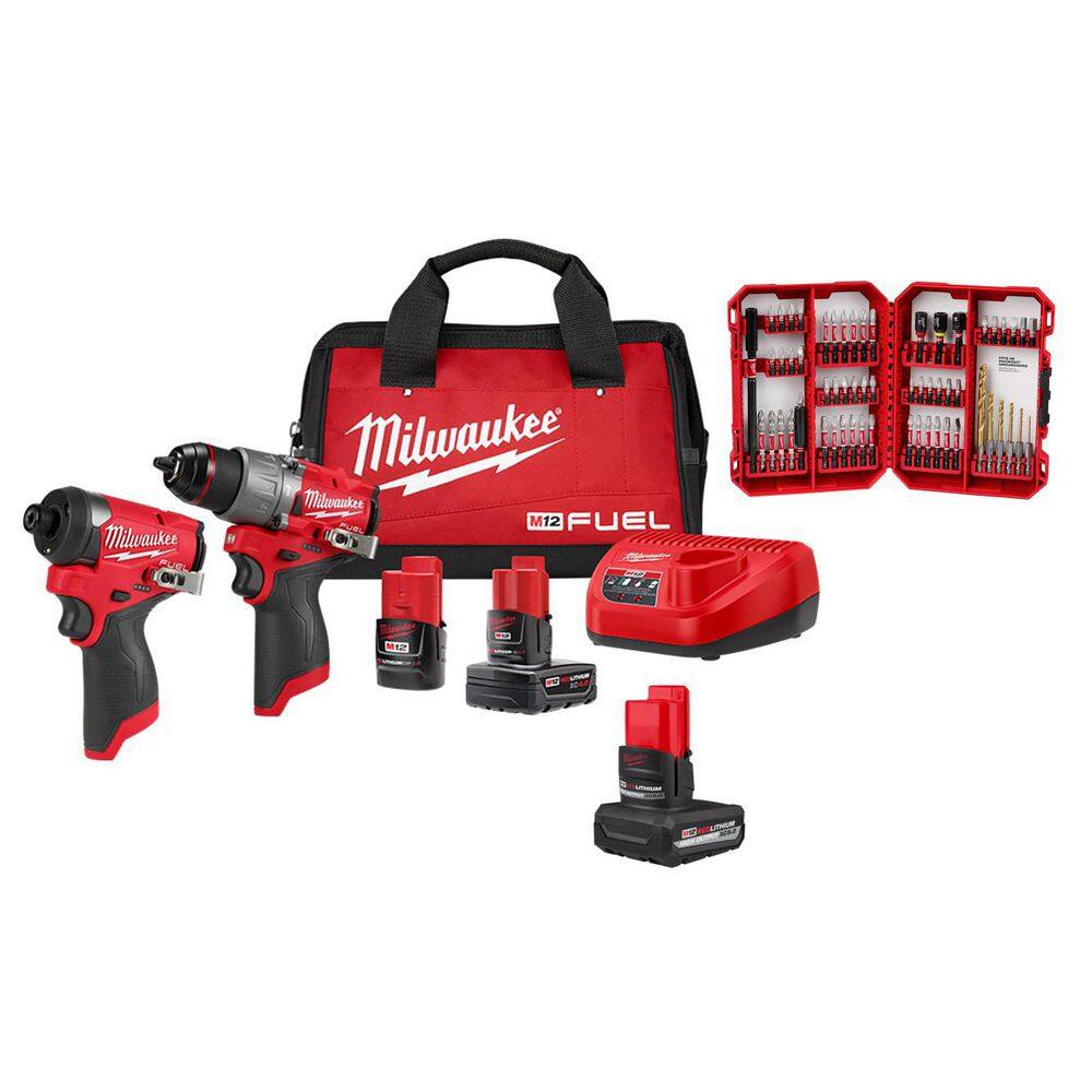 Milwaukee M12 FUEL 12V Cordless Hammer Drill/Impact Combo Kit (2-Tool) w/5.0Ah Battery & SHOCKWAVE Bit Set (40-Pc)