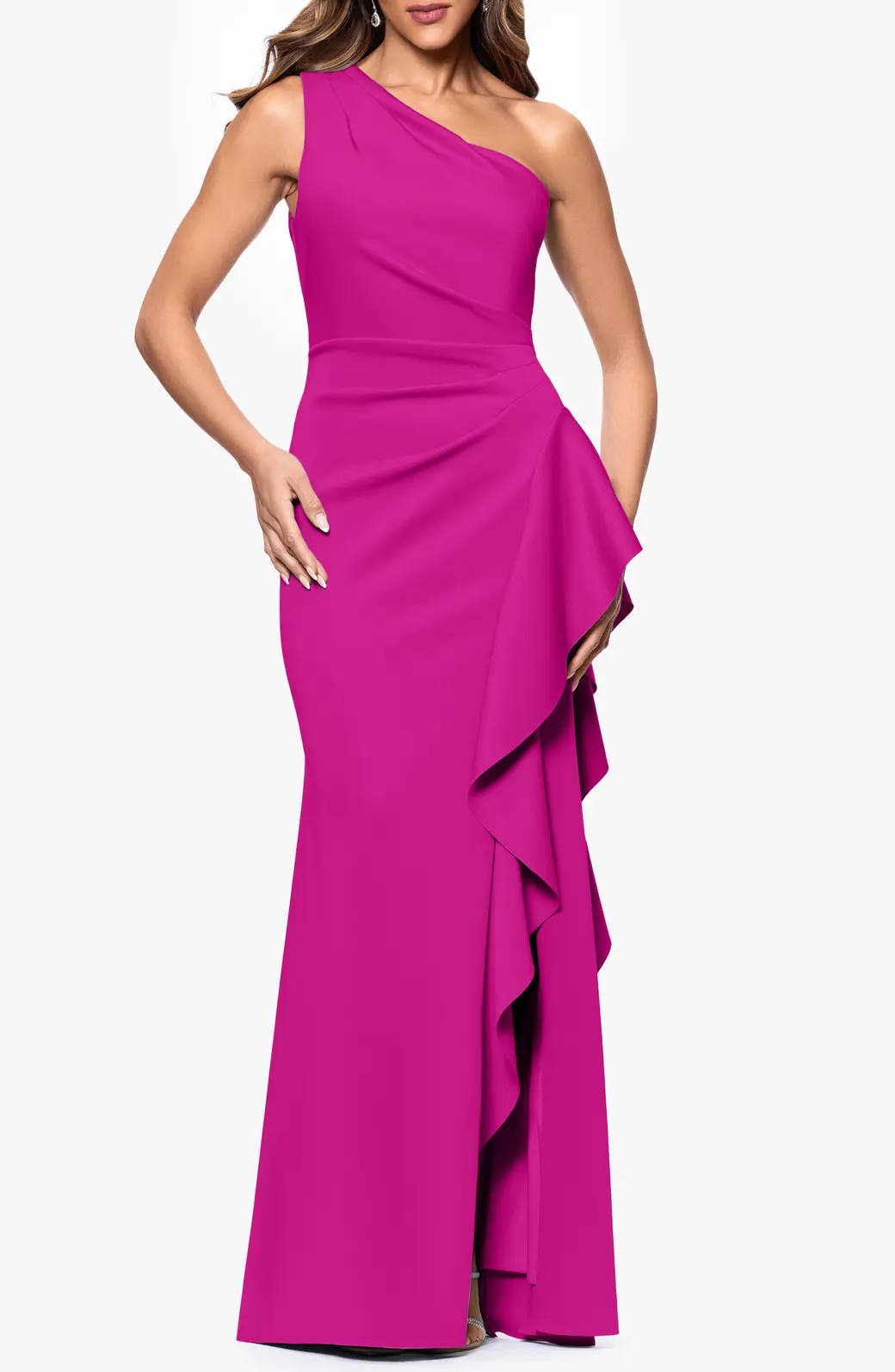 **Xscape Evenings** One-Shoulder Ruffle Scuba Crepe Gown