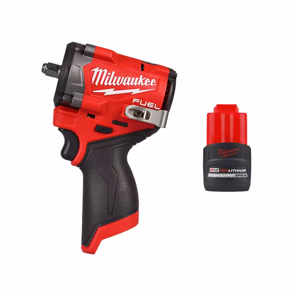 Milwaukee M12 FUEL 12V Lithium-​Ion Brushless Cordless Stubby 3/​8 in.​ Impact Wrench with M12 XC High Output 5.​0 Ah Battery Pack