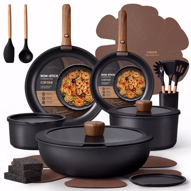 Carote 24-Piece Nonstick Cookware Set, Pots and Pans Set with Detachable Handle, Induction Compatible, Oven & Dishwasher Safe, Black