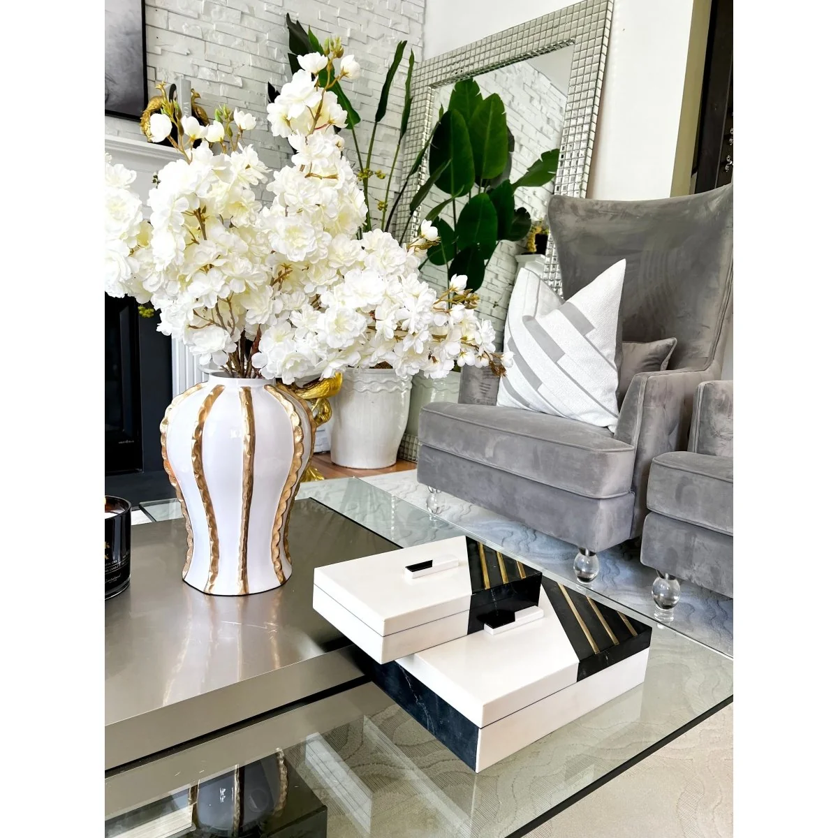 2pc Striped Footed Decorative Boxes Set