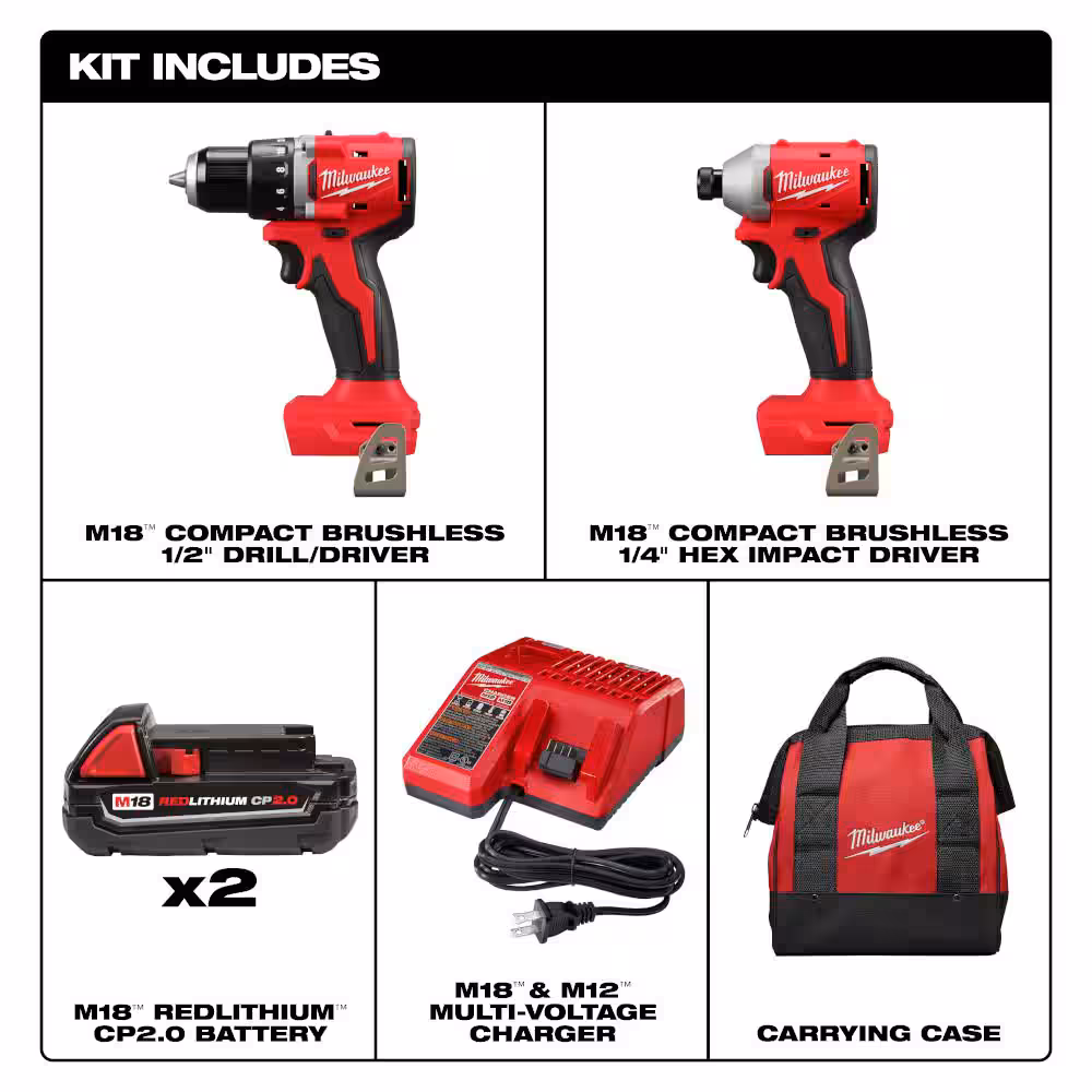Milwaukee M18 18V Lithium-​Ion Brushless Cordless Compact Drill/​Impact Combo Kit (2-​Tool)​ w/​(3)​ 2.​0Ah Batteries
