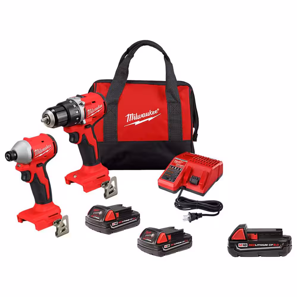 Milwaukee M18 18V Lithium-​Ion Brushless Cordless Compact Drill/​Impact Combo Kit (2-​Tool)​ w/​(3)​ 2.​0Ah Batteries