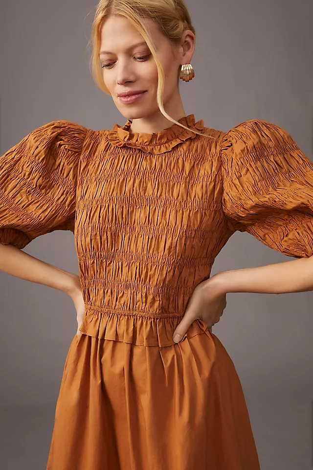 Cotton Percale Smocked Puff Sleeve Dress