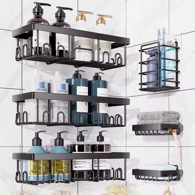 Ophanie Adhesive Shower Caddy 6 Count, Large Capacity Bathroom Organizers and Storage, No Drilling Wall-Mounted Basket, Black