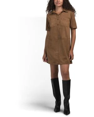 Faux Suede Cinched Waist Shirt Dress
