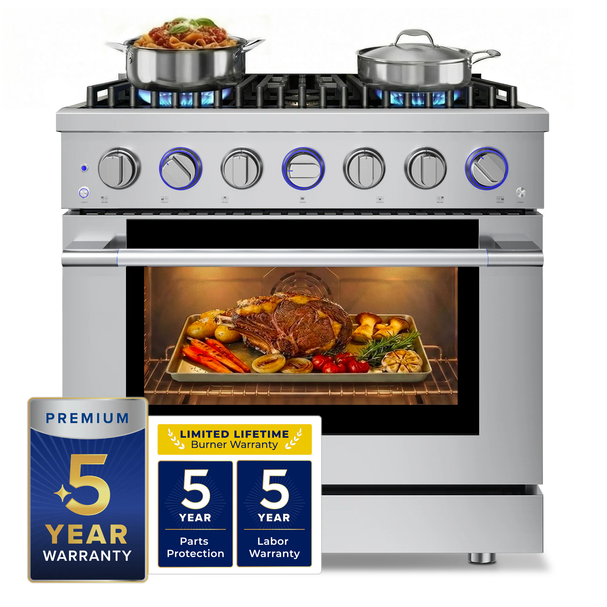 Hauslane, HausPRO 36-in Deep recessed 6 burners Convection Single Oven Dual Fuel Range (Stainless steel)