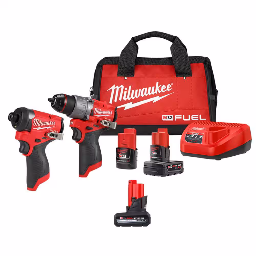Milwaukee M12 FUEL 12V Lithium-​Ion Brushless Cordless Hammer Drill/​Impact Driver Combo Kit 2-​Tool w/​High Output 5.​0Ah Battery