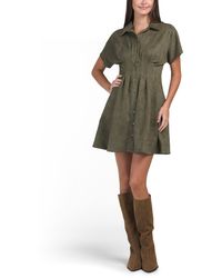 Faux Suede Cinched Waist Shirt Dress