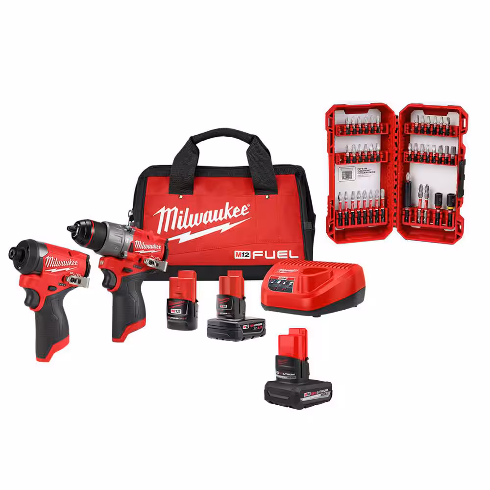 Milwaukee M12 FUEL 12V Cordless Hammer Drill/Impact Combo Kit (2-Tool) w/5.0Ah Battery & SHOCKWAVE Bit Set (40-Pc)