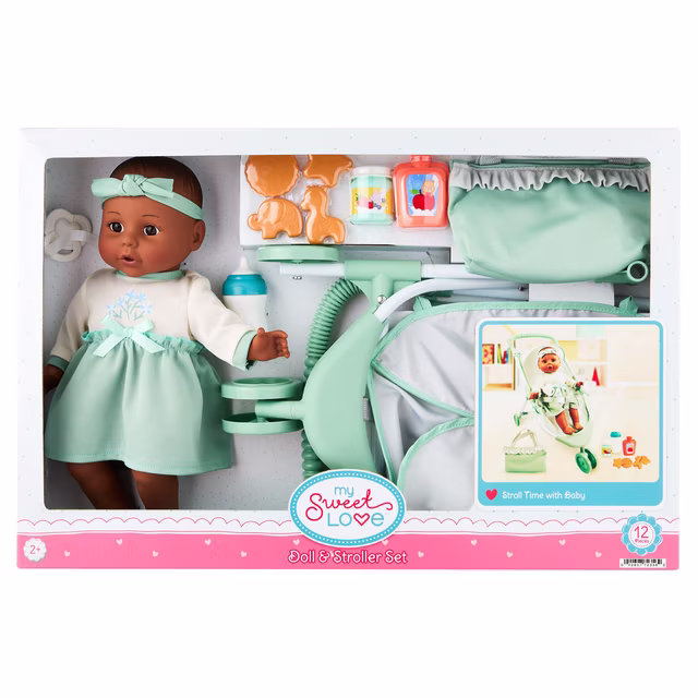 My Sweet Love Doll and Stroller Set, Mint, 12 Pieces