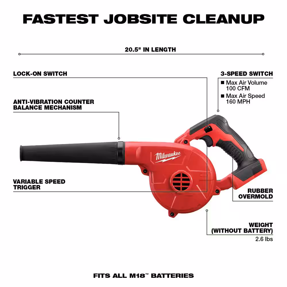 Milwaukee M18 18V Lith-Ion Cordless Compact Blower w/ 2.0 Ah Battery