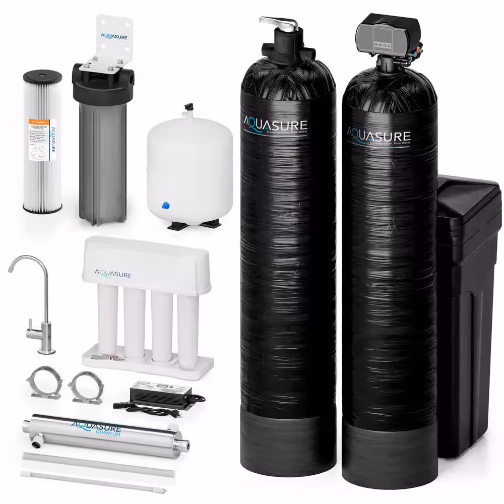 AQUASURE 70,000 Grains Whole House Water Softener and Conditioner Bundle with 18GPM UV Sterilizer and RO Filter System