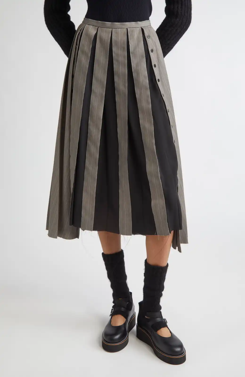 Pleated Pinstripe Shifted Suiting Skirt