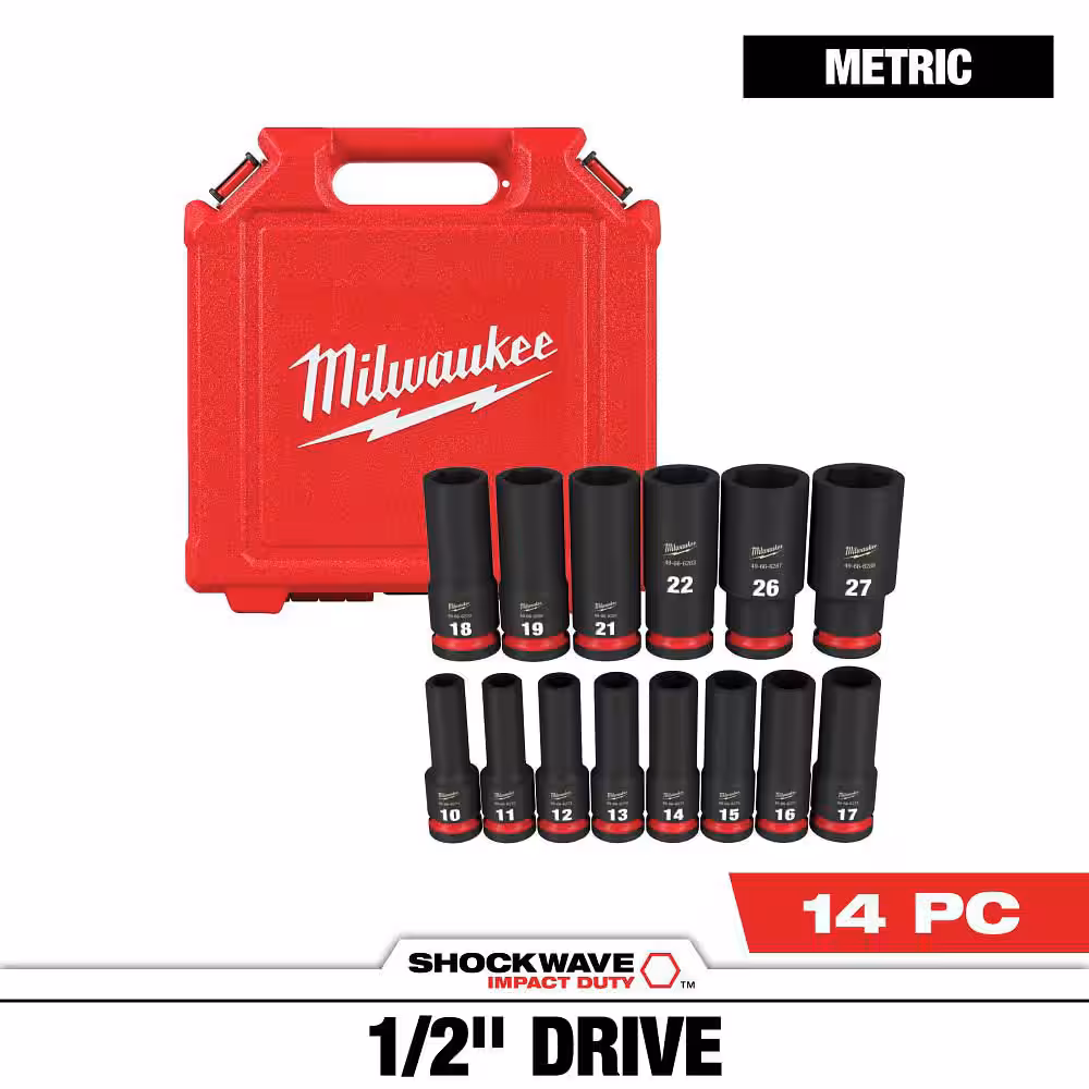 Milwaukee SHOCKWAVE 1/2 in. Drive Metric Deep Well 6 Point Impact Socket Set (14-Piece)