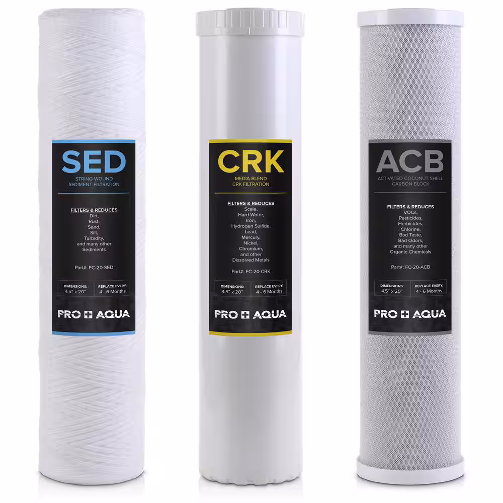 PRO+AQUA Whole House Heavy Metals Well Water Filter Replacement Set - 3 Stage Sediment KDF/Blend Carbon Block 20 in. 5 Microns