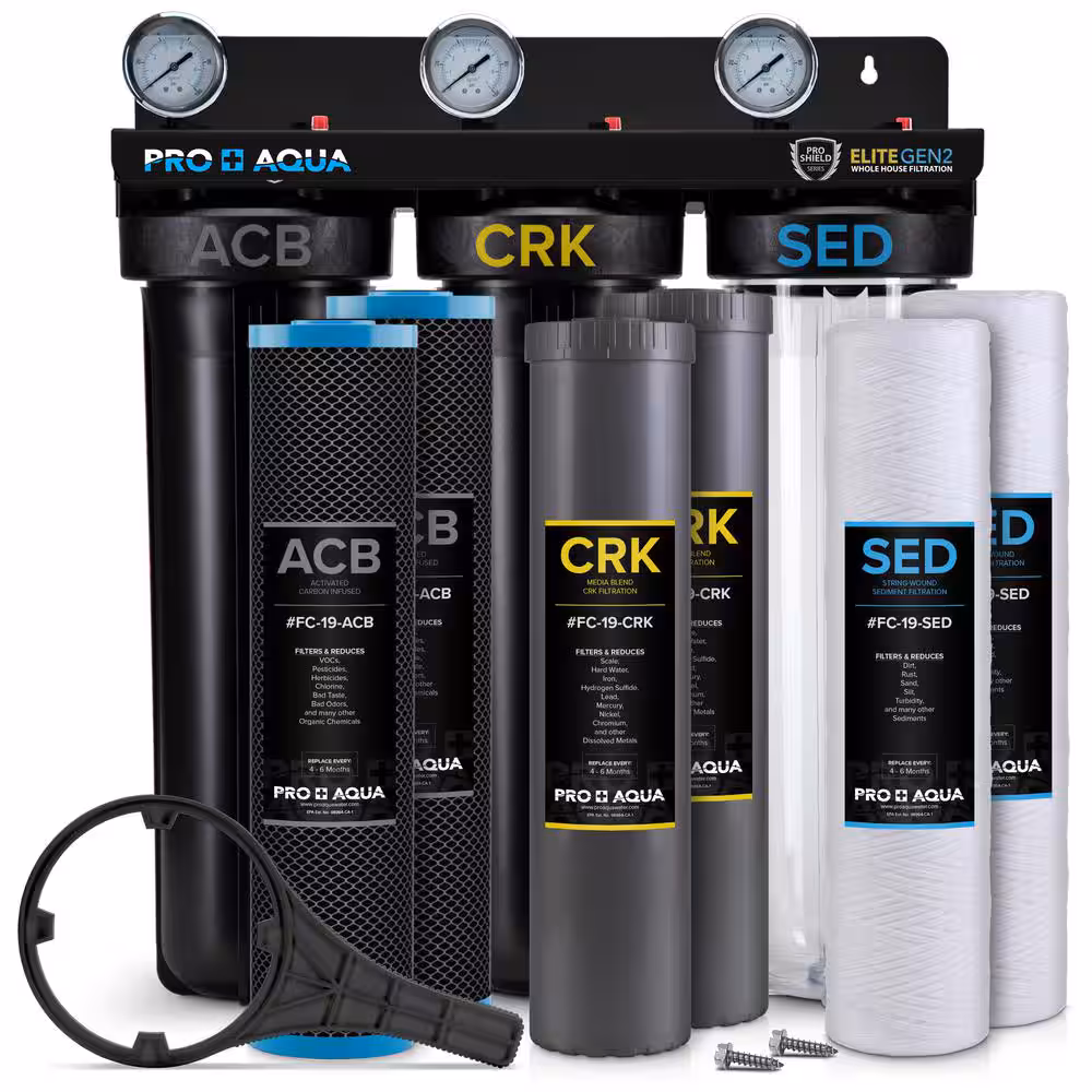 AQUASURE Elite Whole House Water Filter 3-Stage Well Water Filtration System with Gauges, PR Button 1 in. Ports Filter Set