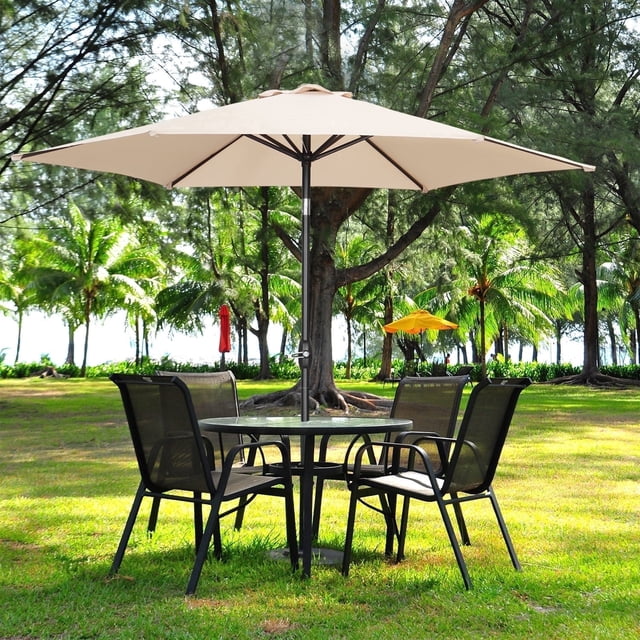 Ainfox 9ft Khaki Patio Umbrella with Push Button Tilt and Crank, Waterproof UV Sunshade Canopy