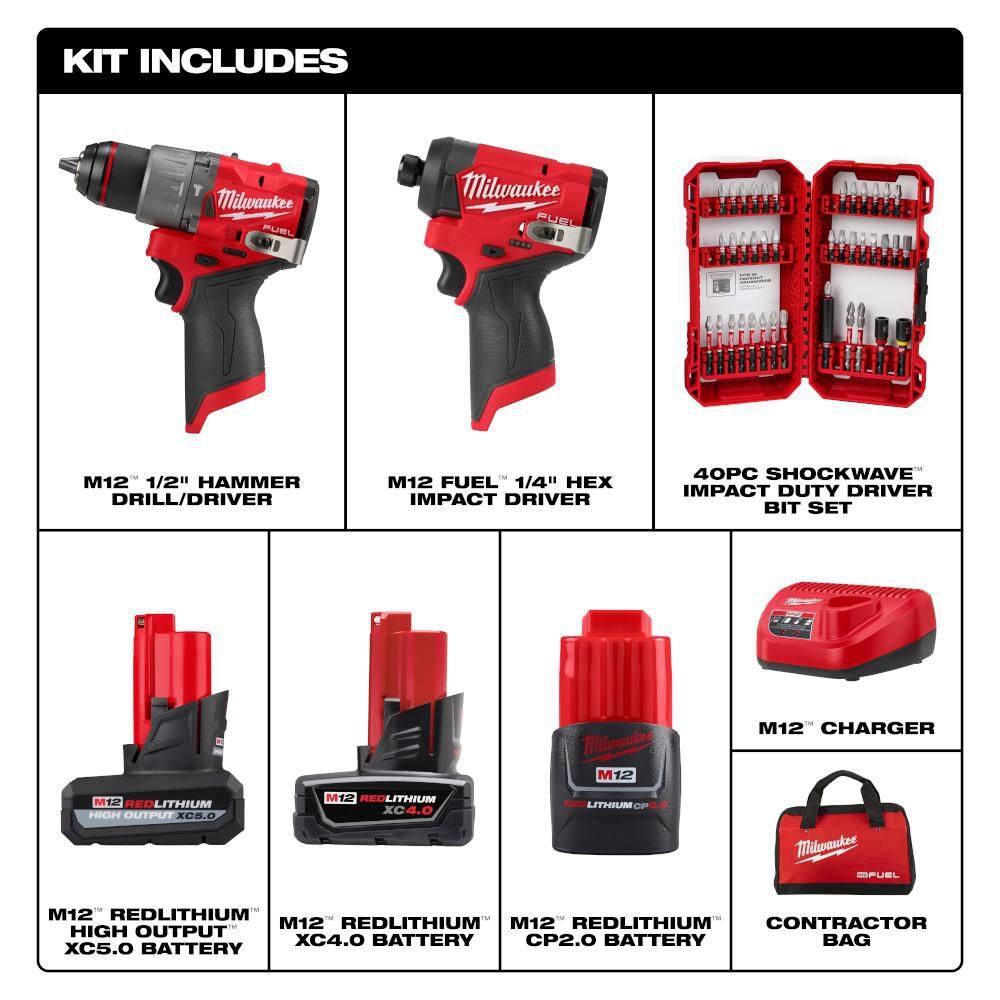 Milwaukee M12 FUEL 12V Cordless Hammer Drill/Impact Combo Kit (2-Tool) w/5.0Ah Battery & SHOCKWAVE Bit Set (40-Pc)