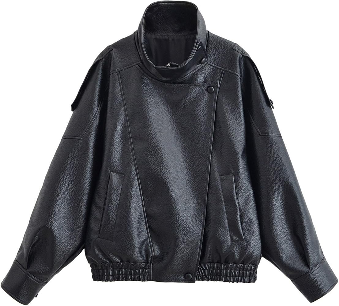 Faux Leather Moto Collar Oversized Jacket