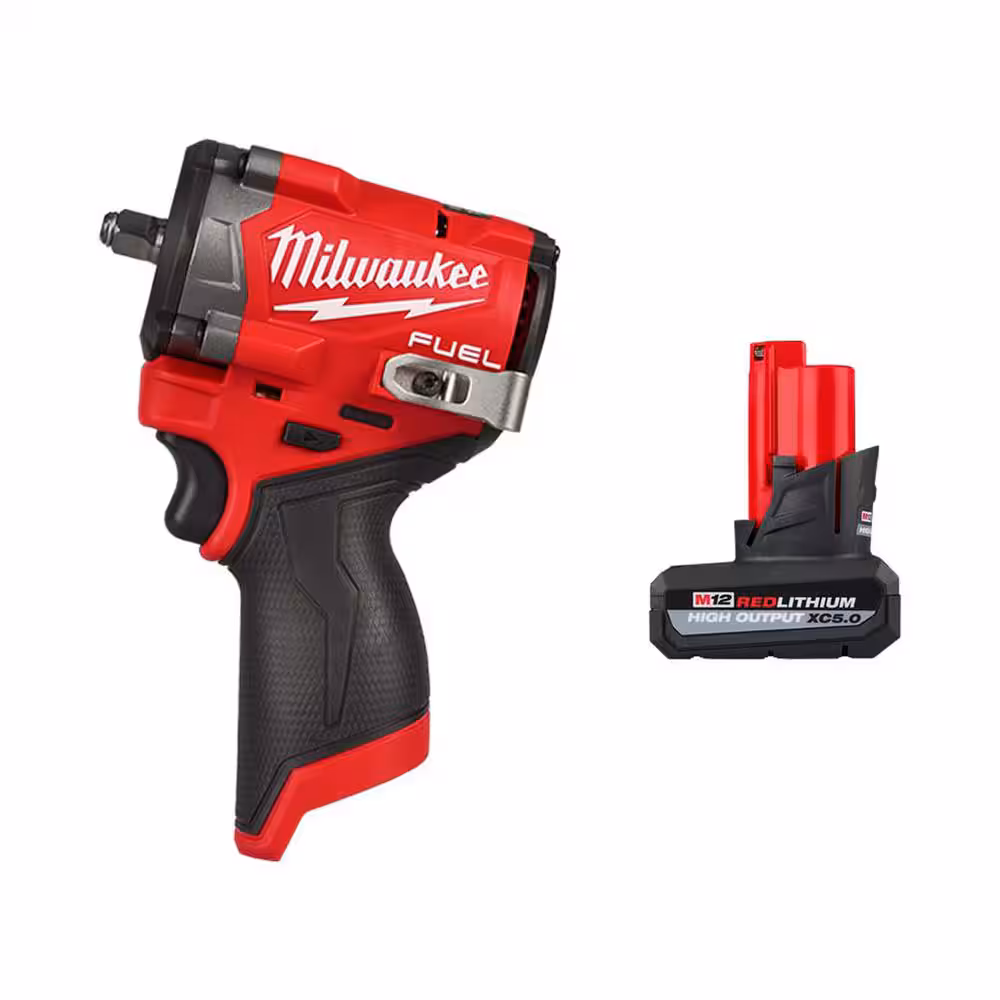 Milwaukee M12 FUEL 12V Lithium-​Ion Brushless Cordless Stubby 3/​8 in.​ Impact Wrench with M12 XC High Output 5.​0 Ah Battery Pack