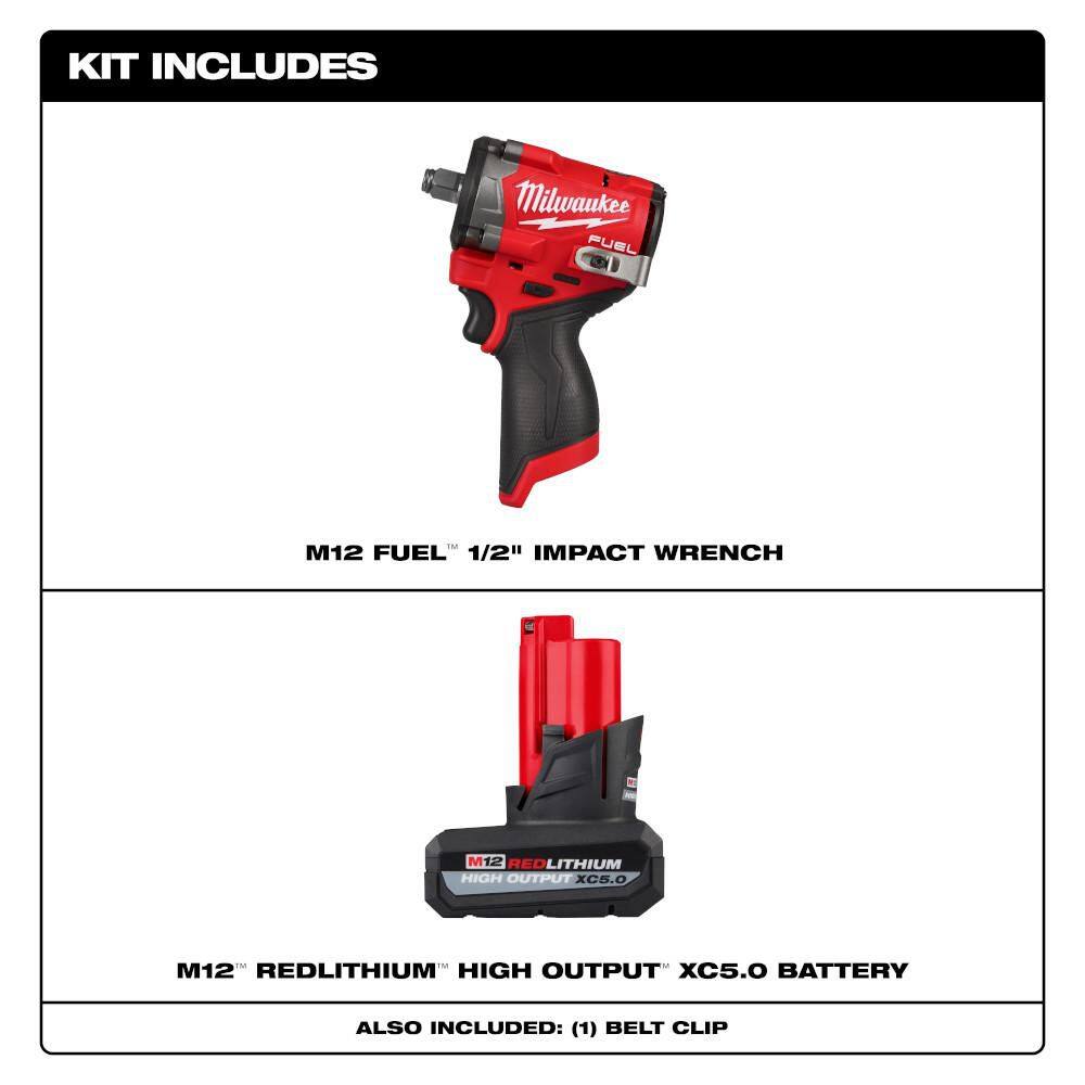 Milwaukee M12 FUEL 12V Lithium-Ion Brushless Cordless Stubby 1/2 in. Impact Wrench with M12 XC High Output 5.0 Ah Battery Pack